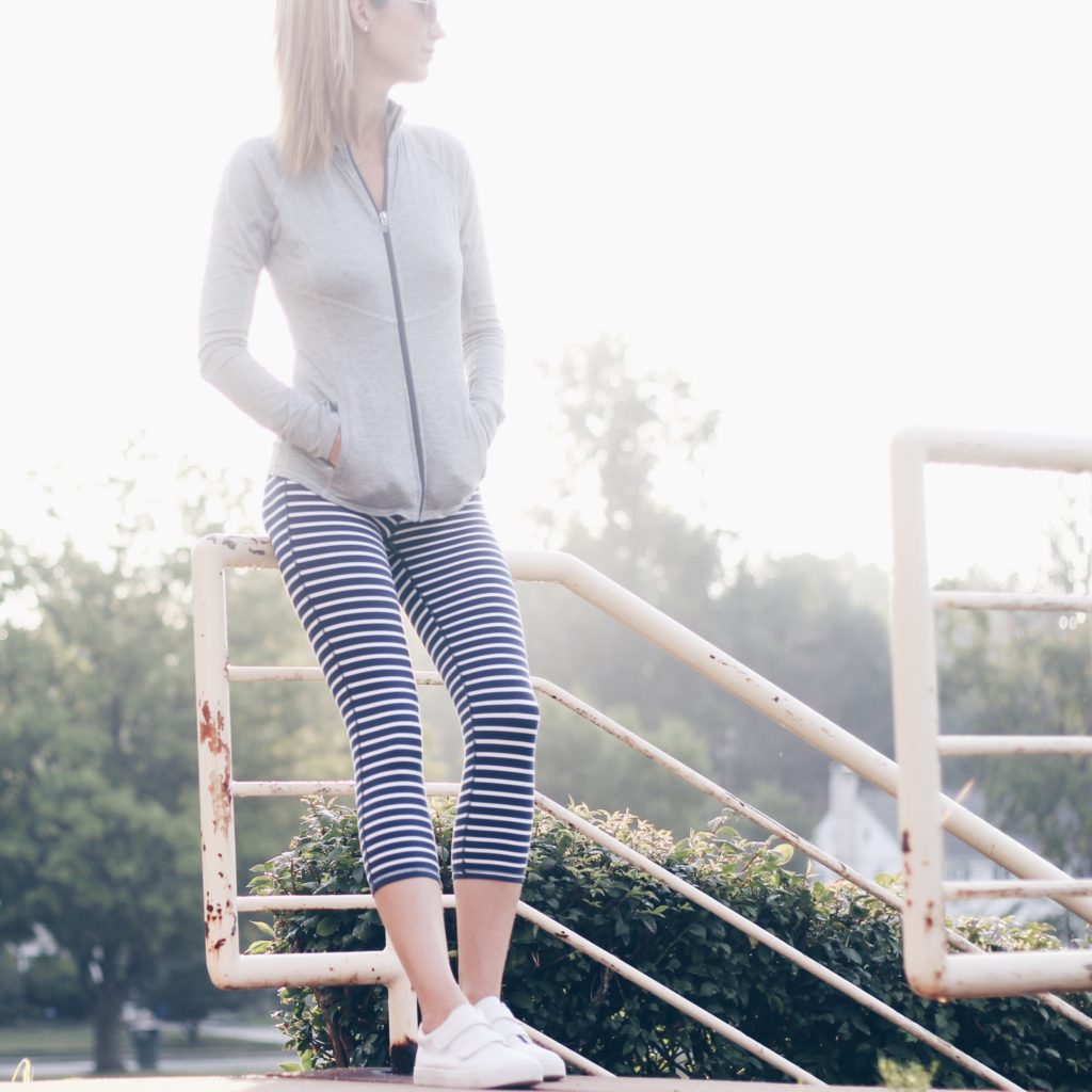 Athleta striped capri workout pants, track jacket and white velcro sneakers