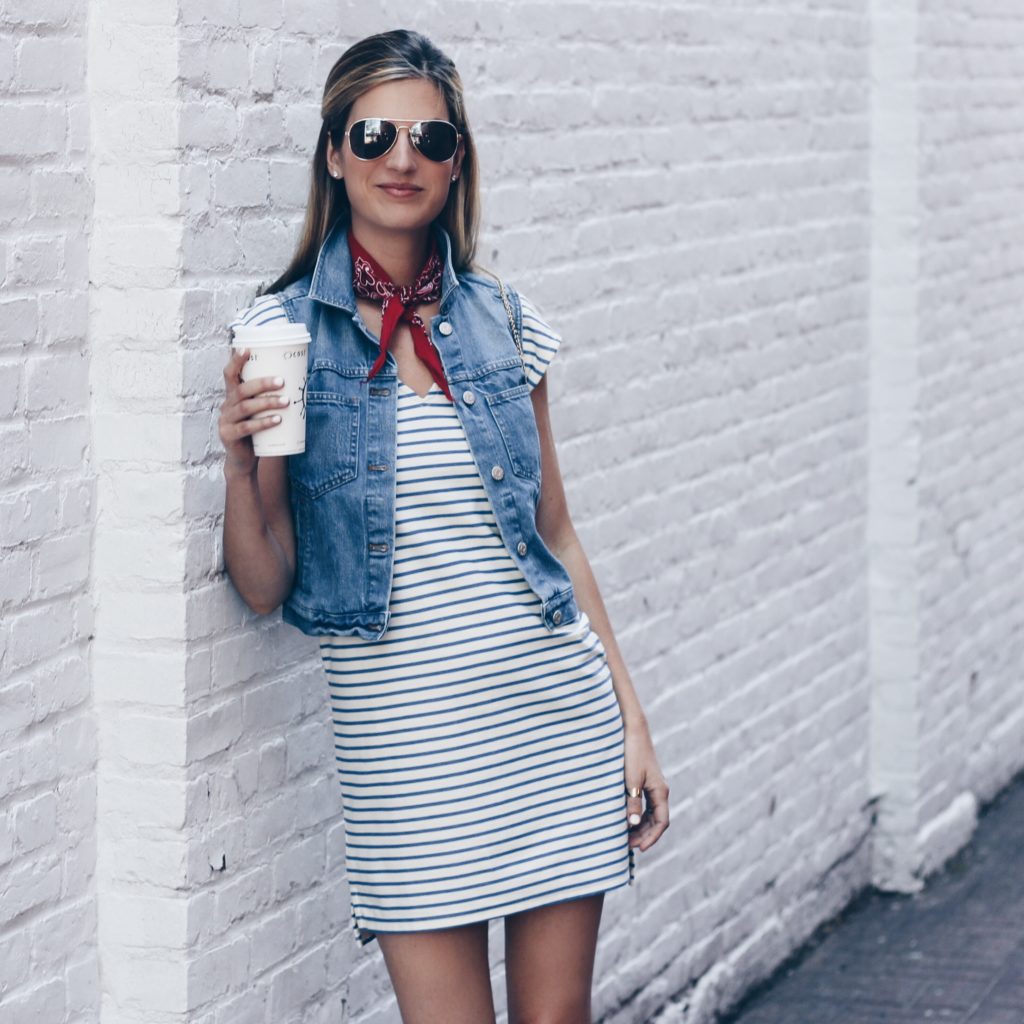 Patriotic outfit: blue and white striped dress with red bandana and denim vest
