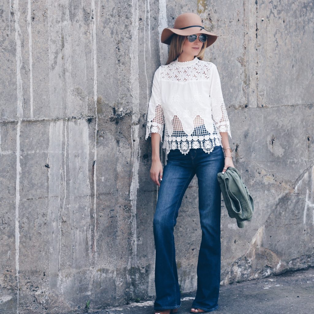 $20 high neck white top with flare jeans
