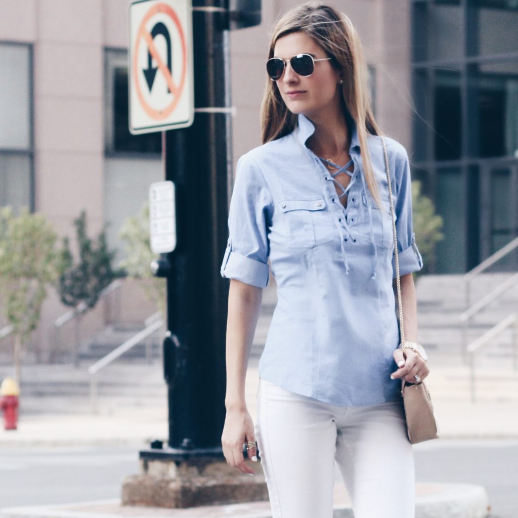 blue lace-up collared shirt