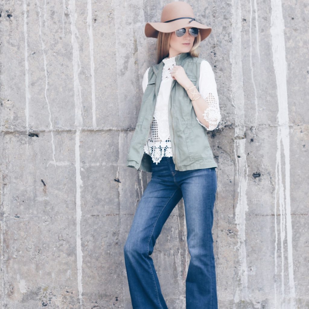 fall outfit: high neck white embroidered top with flare jeans