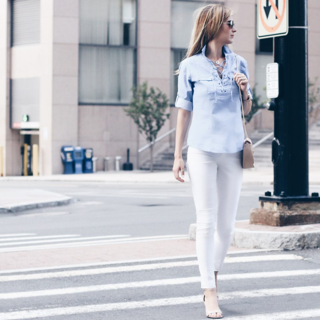 $25 blue lace up collared shirt and $30 stain resistant white skinny jeans