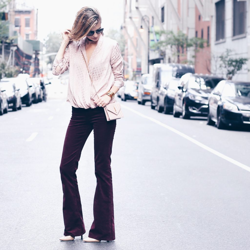 burgundy corduroy flare pants with topshop pink blouse