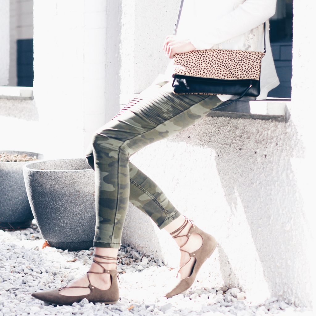 camo moto pants for fall with lace up flats