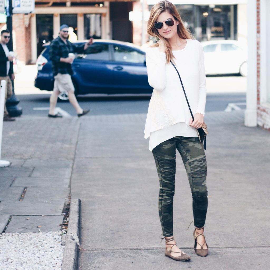 casual fall outfit with moto pants and lace up flats