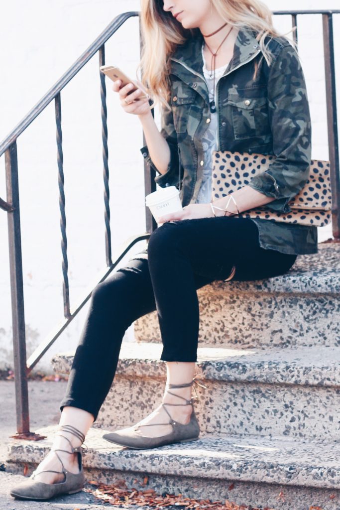 Fall casual outfit - black distressed denim, lace top, camo jacket, leopard clutch