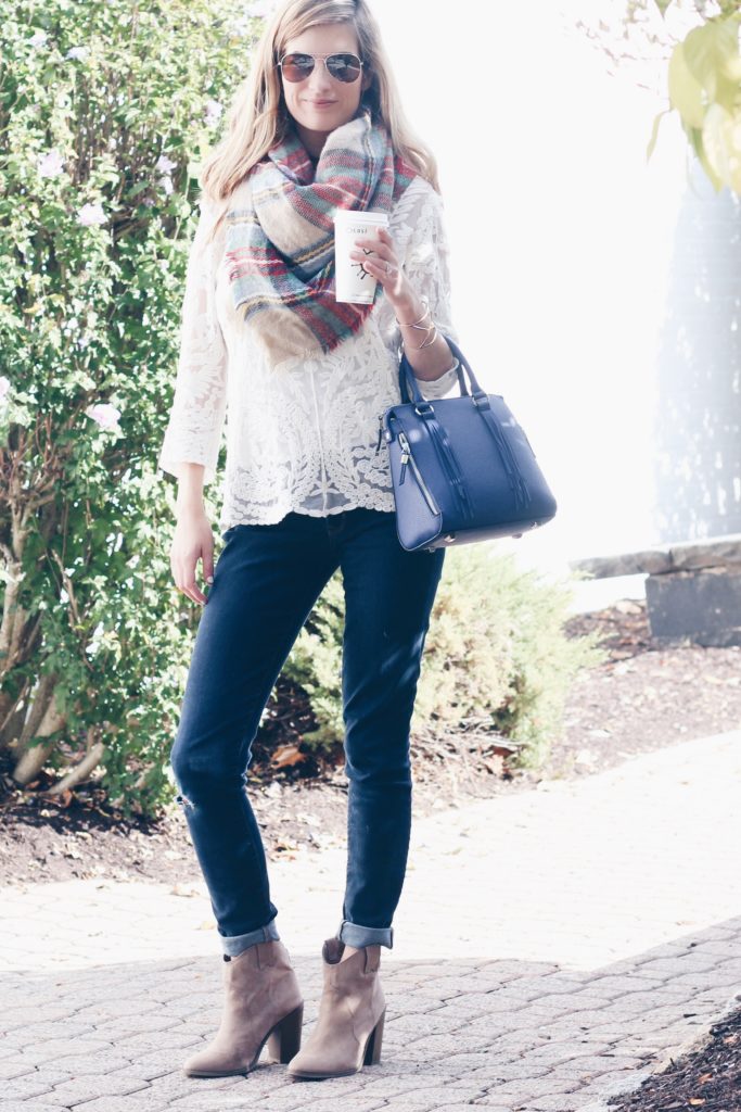 fall outfit - denim lace and booties
