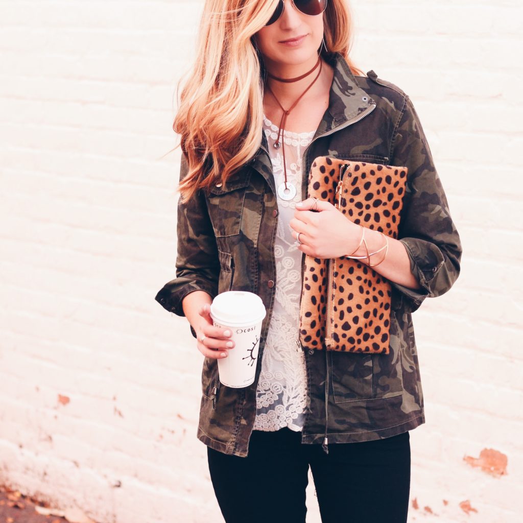 foldover leopard clutch with camo jacket - fall casual outfit