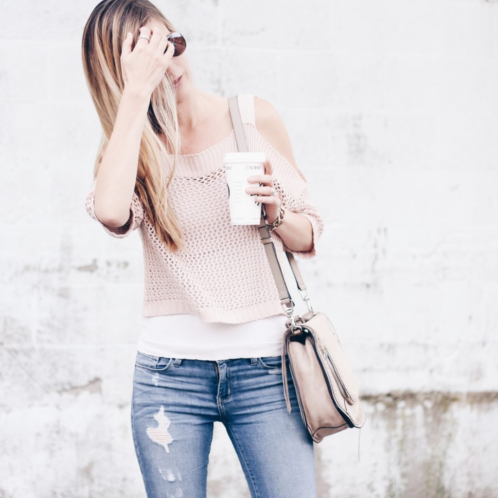 open knit blush cold shoulder sweater with denim