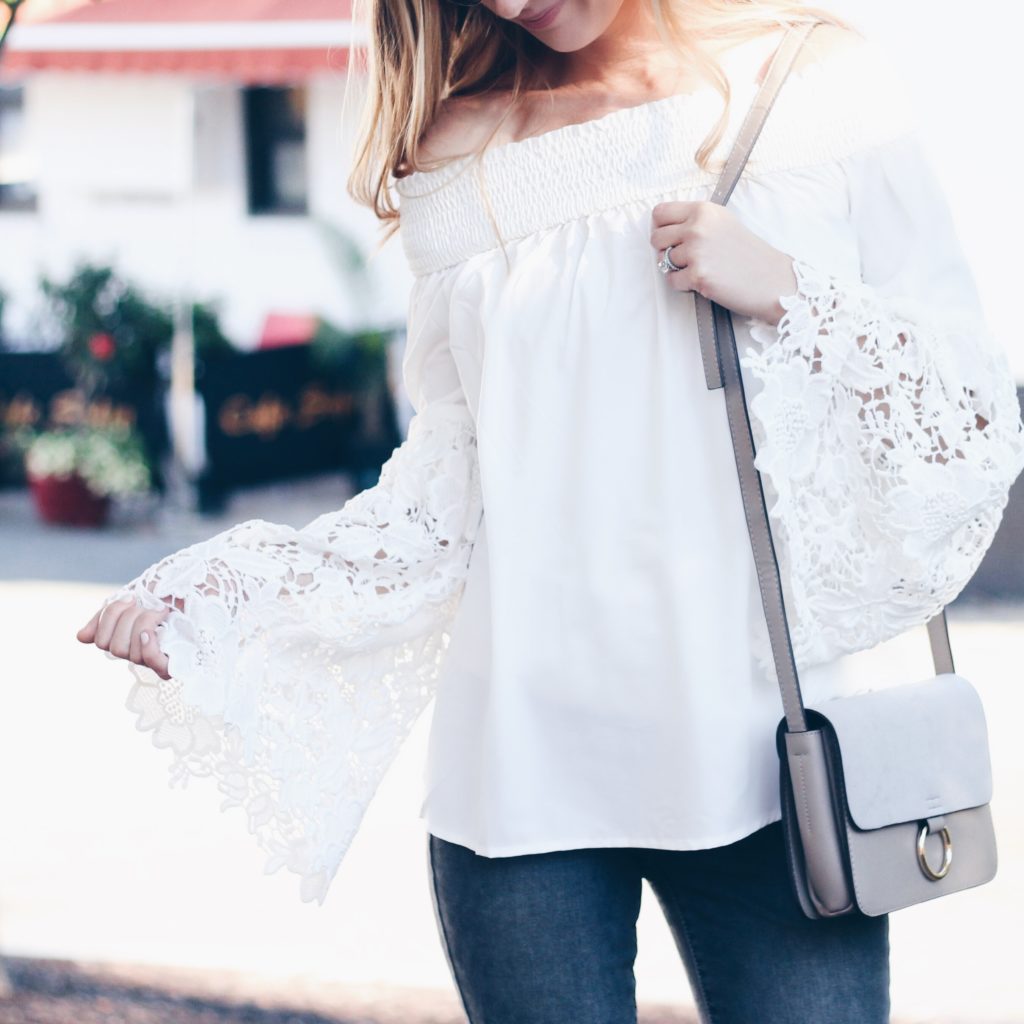 White Off The Shoulder Lace Embroidered Sleeve Blouse