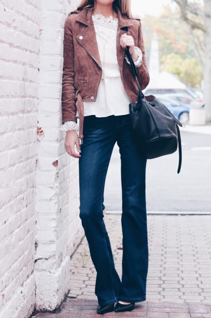 fall outfit inspiration: (http://rstyle.me/n/b2anwnb64n7) brown suede belted moto jacket with flare denim