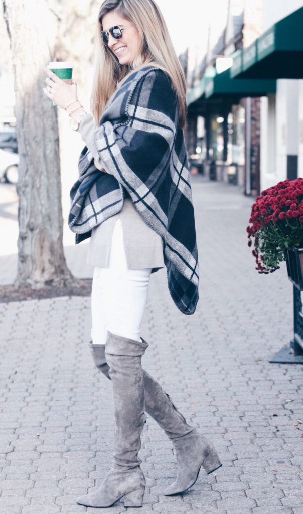 banana republic blue and gray plaid poncho over white denim and taupe gray over the knee suede boots