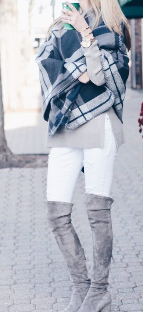 blue and gray plaid banana republic poncho with white jeans and over the knee boots worn by pinteresting plans