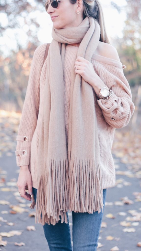 blush lace up sweater with free people fringe knit scarf