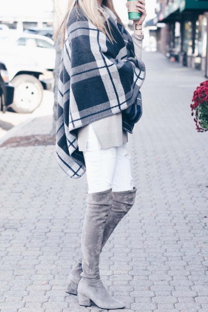 cozy warm plaid poncho outfit with over the knee suede boots