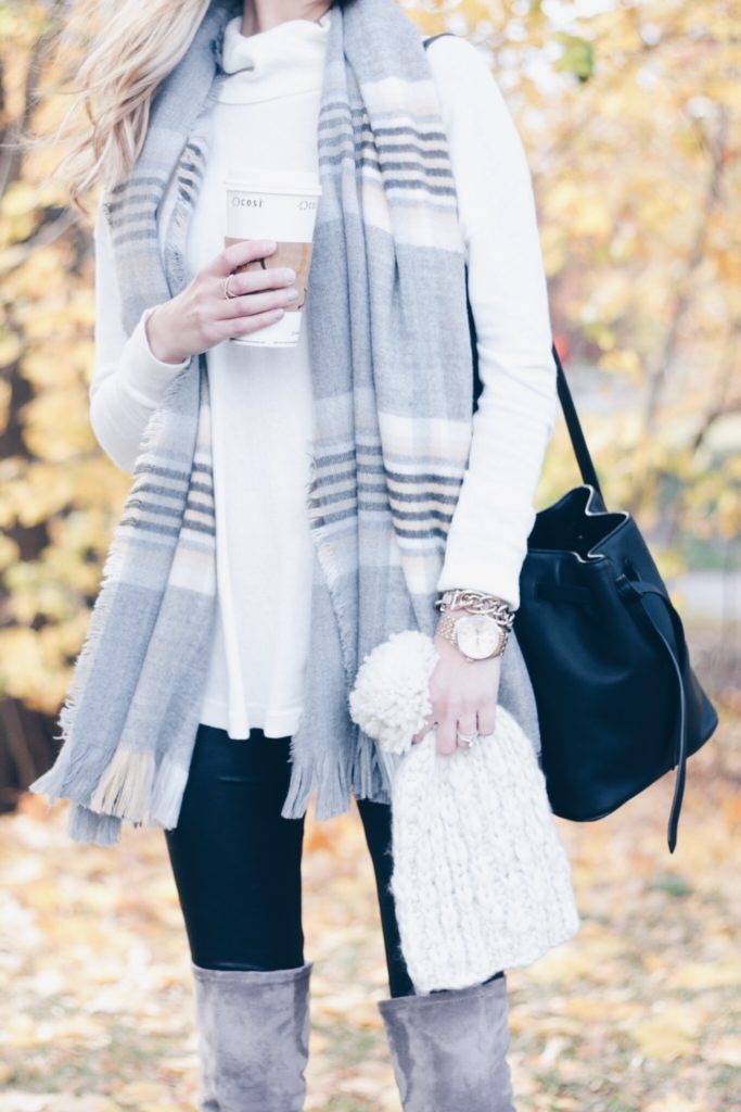 fall outfit: over the knee boots and white turtleneck sweater with knit hat and neutral plaid scarf