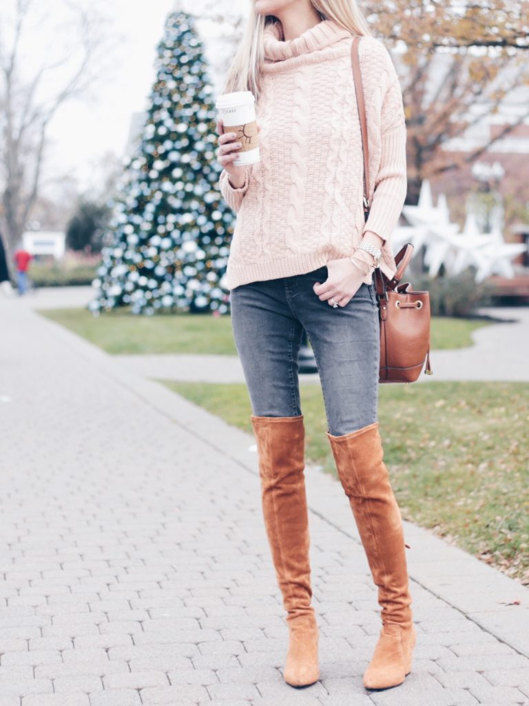 fall outfit: pink cable knit off the shoulder sweater with cognac suede over the knee booties