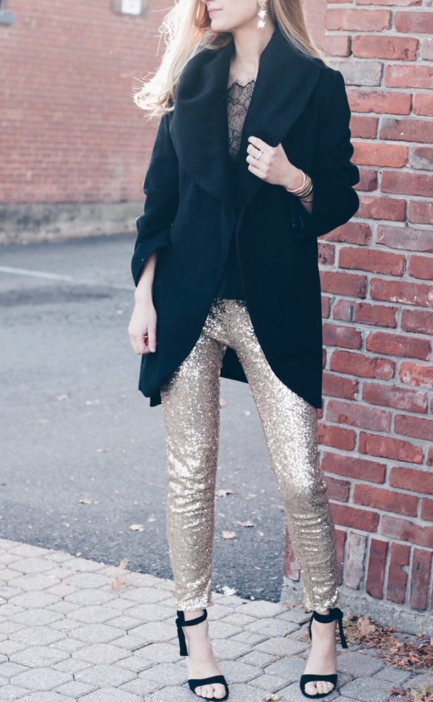 gold sequin pants holiday outfit
