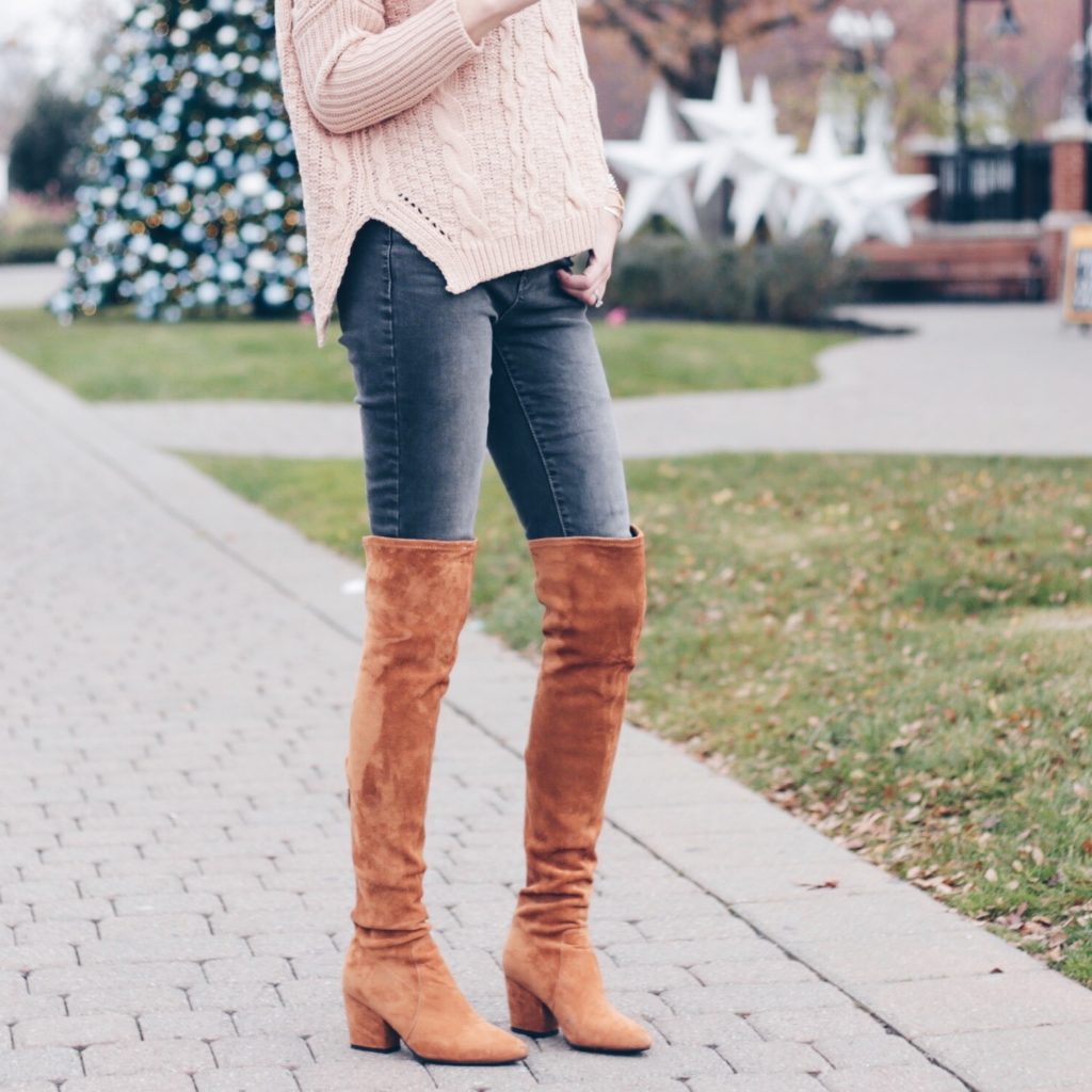 gray sculpting jeans with cognac suede over the knee boots