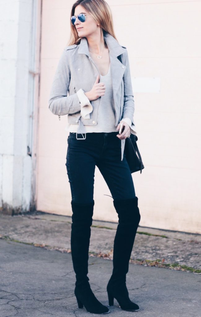 gray suede moto jacket with over the knee boots