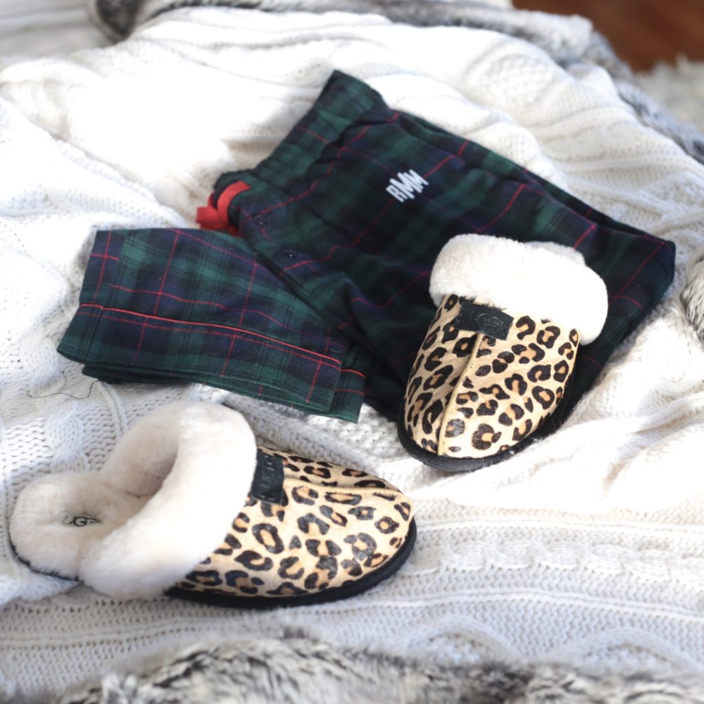 leopard ugg slippers and monogrammed holiday pajama bottoms