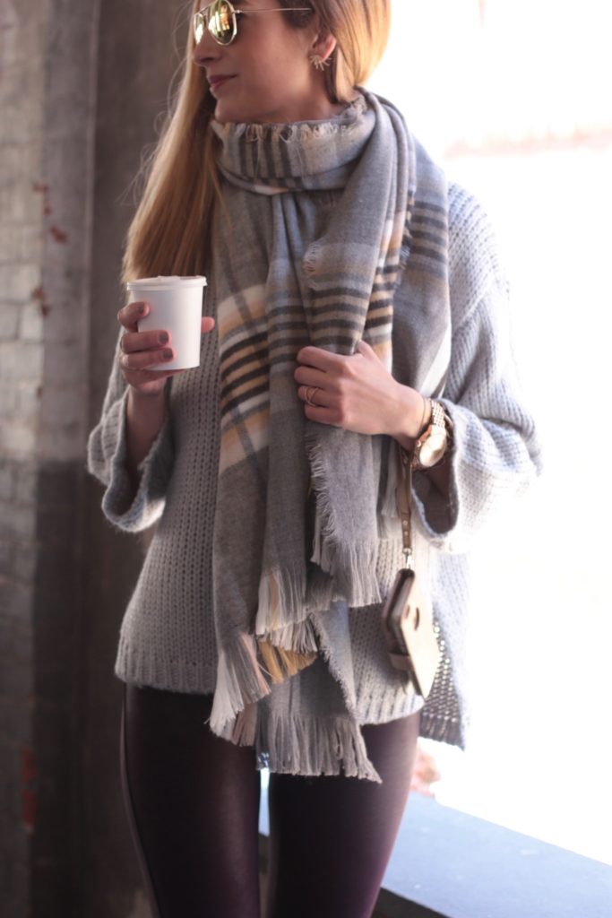 neutral plaid scarf $30 with leggings outfit