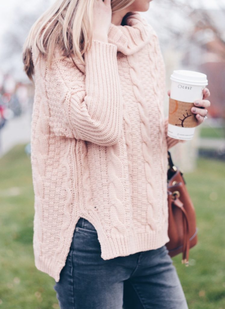 pink cable knit off the shoulder sweater