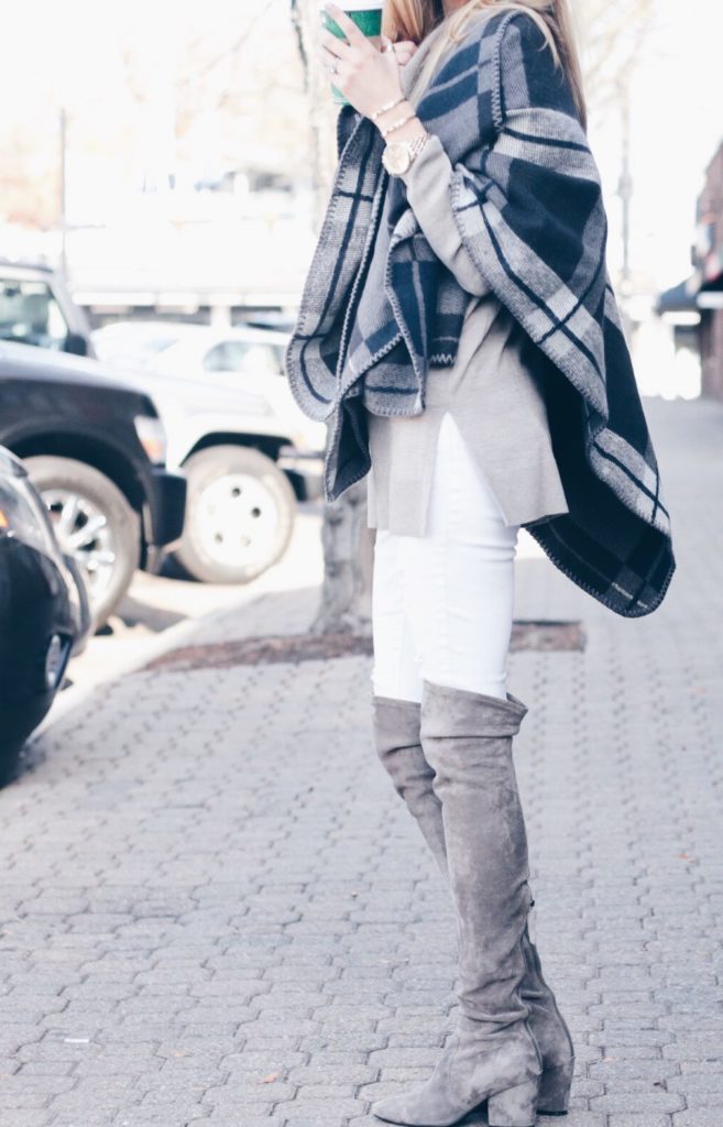 plaid banana republic poncho with taupe over the knee suede boots