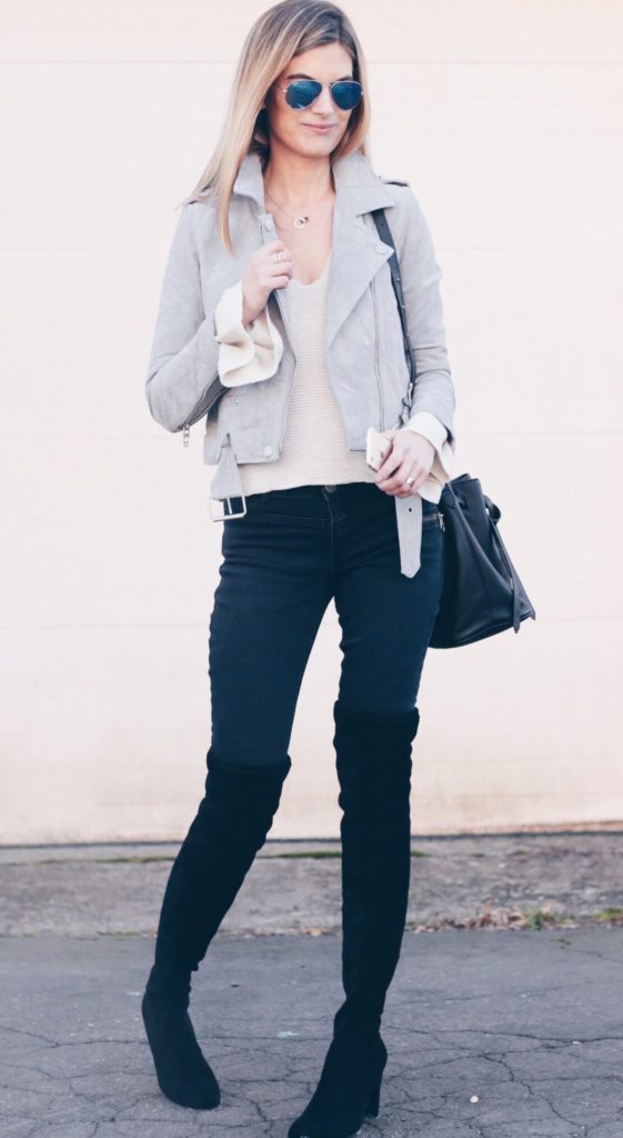 winter outfit: gray suede moto jacket and over the knee boots