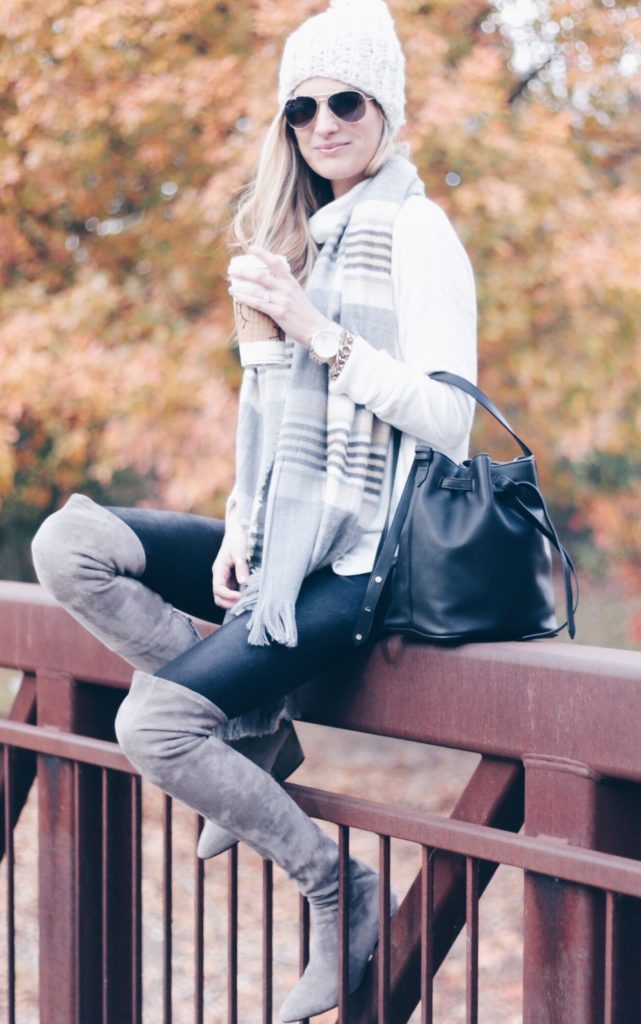 winter outfit: over the knee boots with white turtleneck sweater and plaid scarf