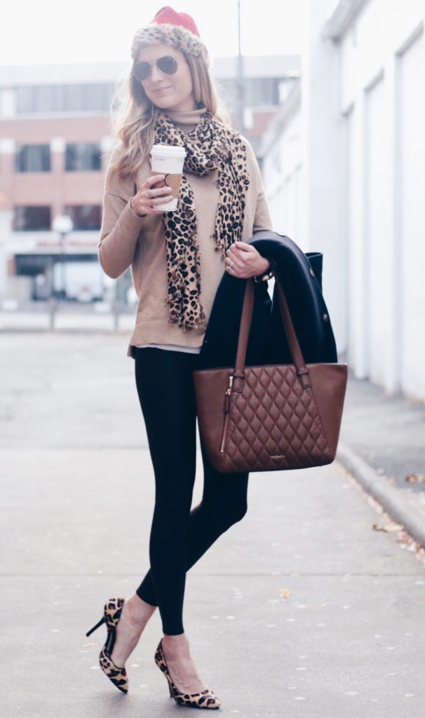 leopard scarf and pumps with navy long wool women's winter coat