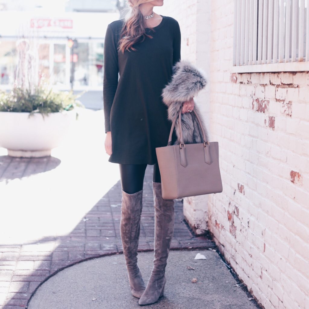 casual green tunic dress over leather leggings and suede over the knee boots