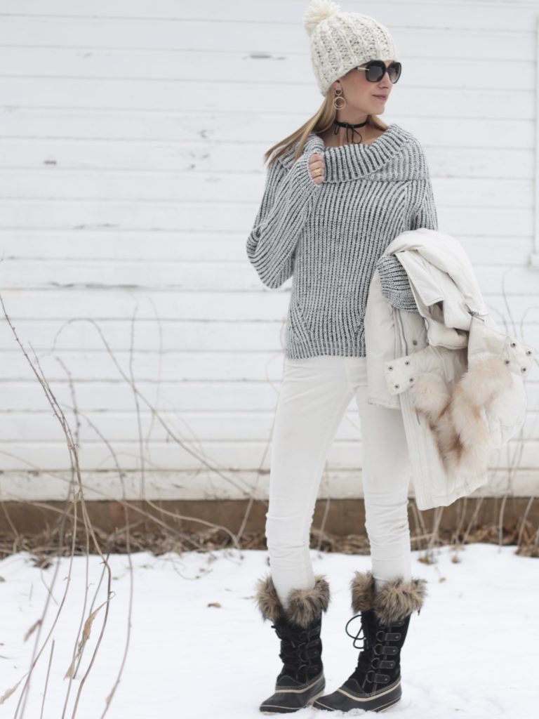 winter outfit: cozy sweater with skinny cords and snow boots