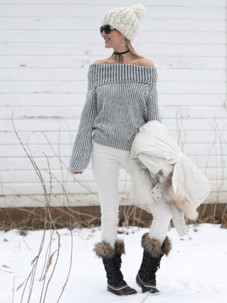 off the shoulder marled knit sweater winter outfit