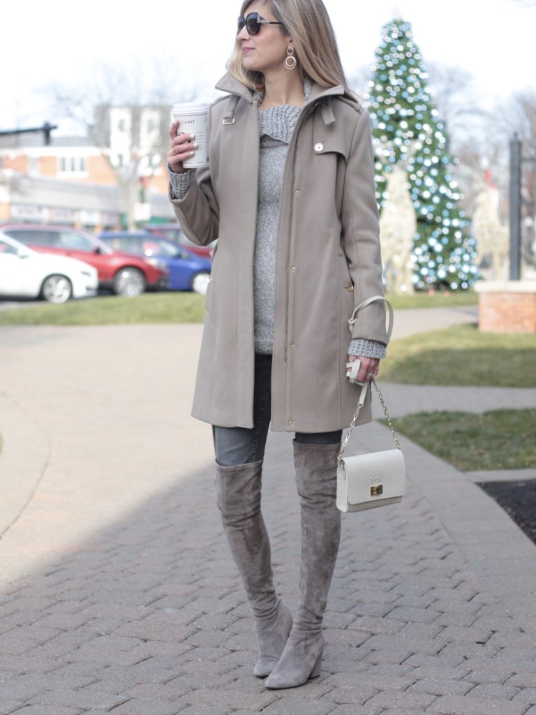 gray and taupe winter outfit with over the knee boots