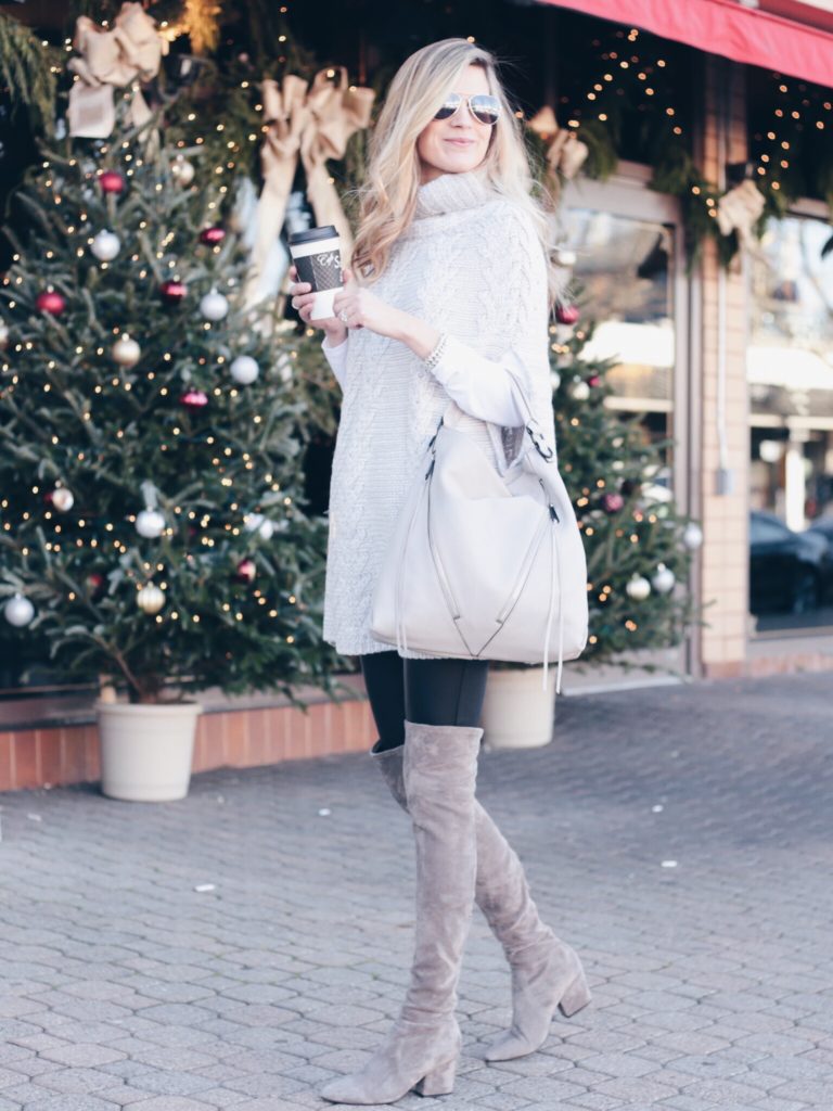gray knit poncho and leather leggings with taupe over the knee suede boots