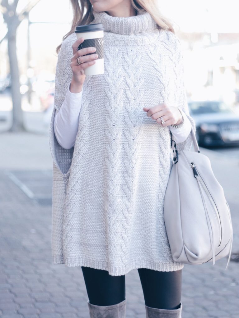 gray knit poncho with leather leggings and suede over the knee boots