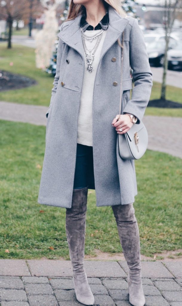 gray wool military coat with jeggings and over the knee taupe suede boots