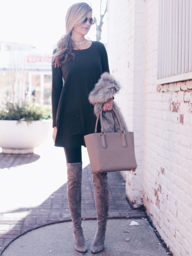 leggings outfit: green tunic dress and over the knee boots