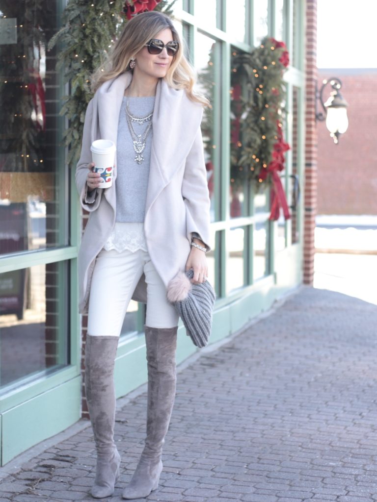 neutral winter layered outfit with taupe suede over the knee boots