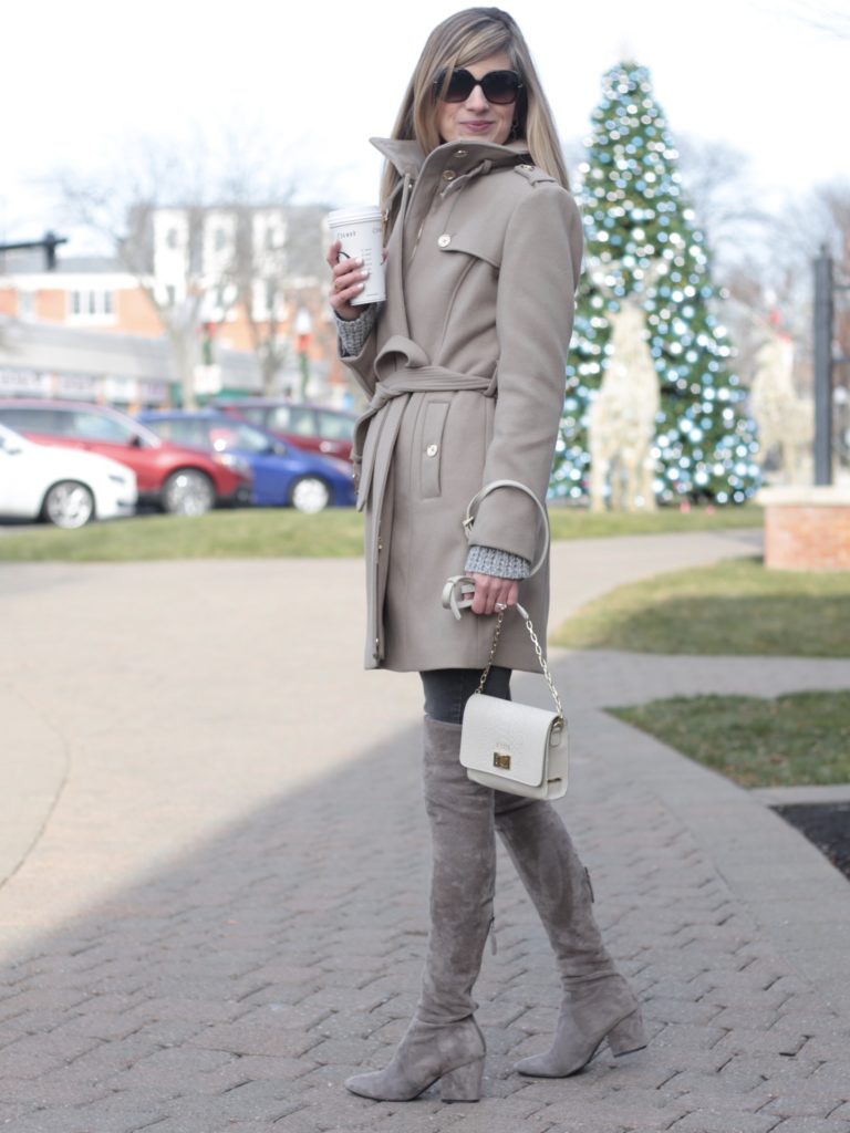 neutral women's winter coat with taupe suede over the knee boots