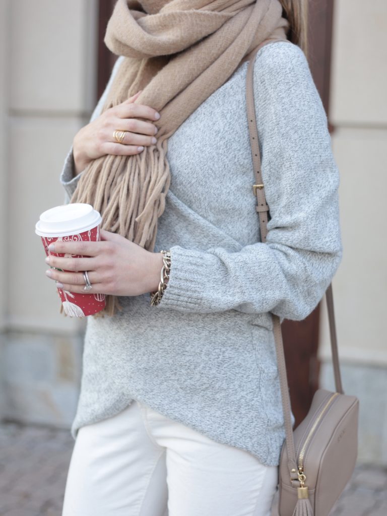 nursing crossover sweater with free people fringe scarf