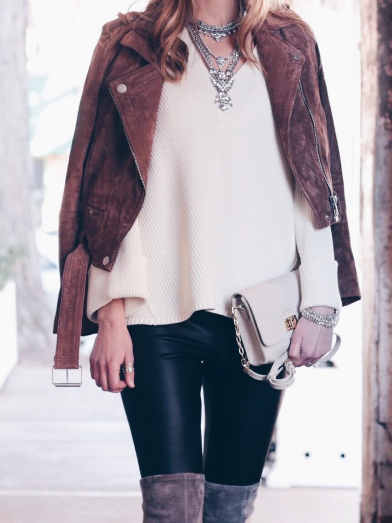 statement bib necklace over white free people sweater