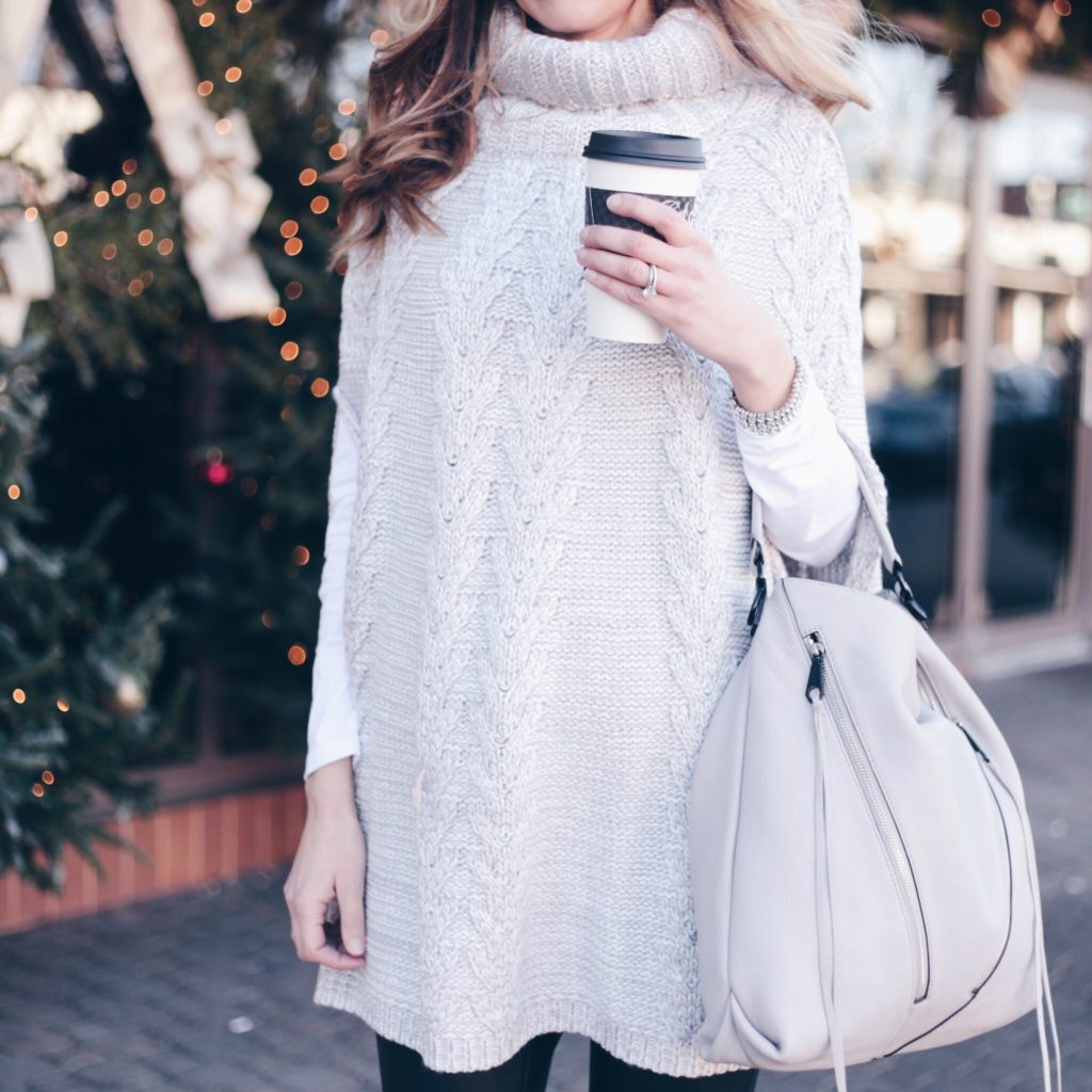 taupe knit poncho with leather leggings