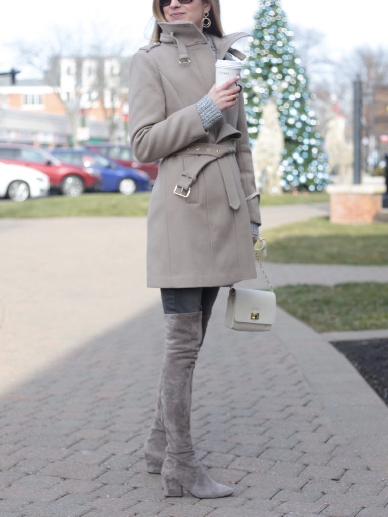 taupe women's winter wool coat with over the knee boots