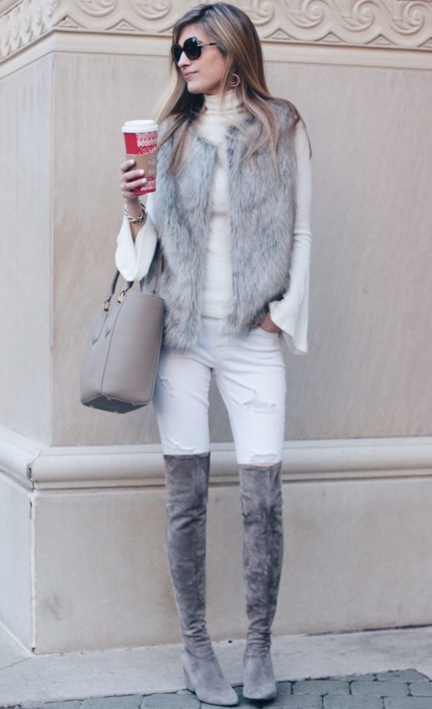 winter outfit: fur vest and taupe suede over the knee boots