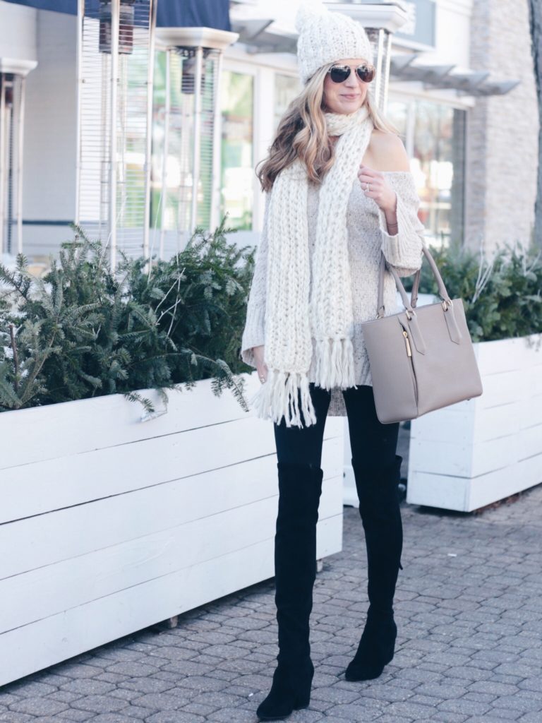 winter outfit: slouchy neutral sweater with fleeced lined leggings and black suede over the knee boots