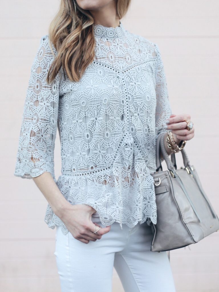 gray lace peplum top and taupe rebecca minkoff Reagan tote