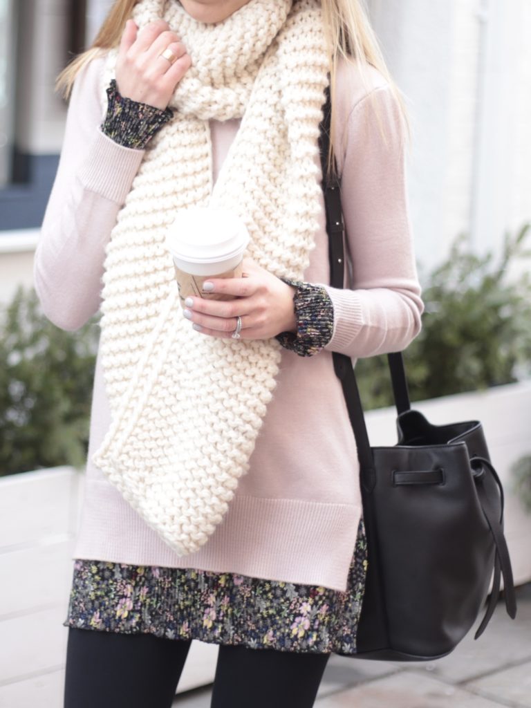 mock layer sweater dress with chunky knit ivory scarf