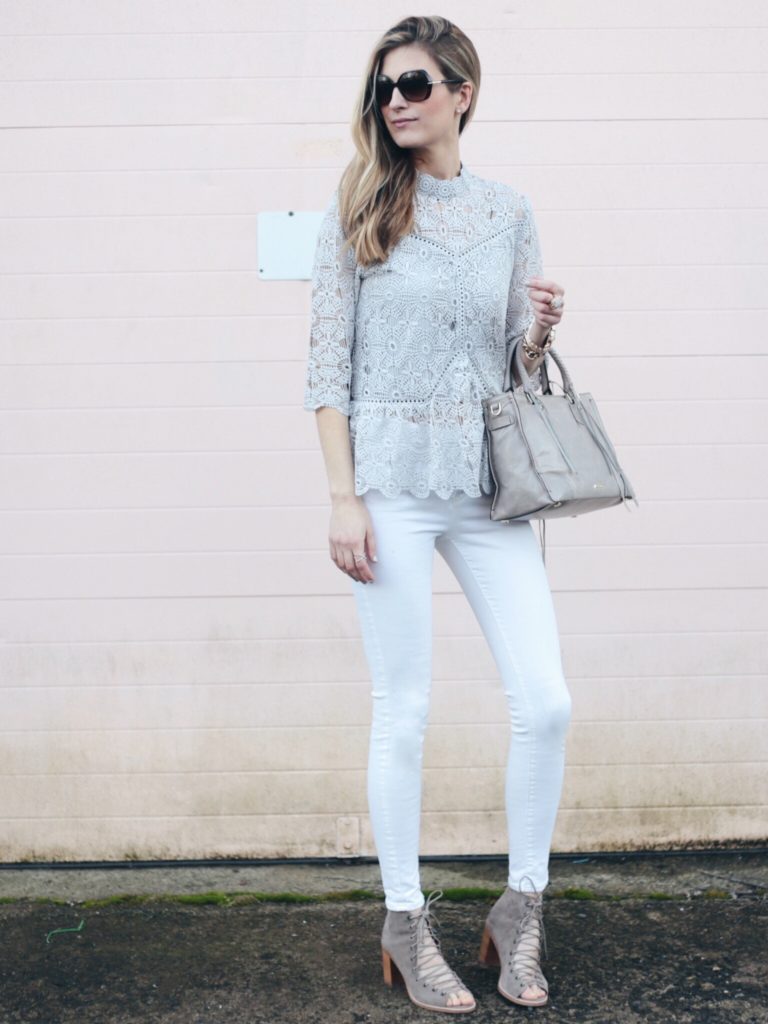 spring outfit: gray lace peplum top with white skinny jeans and neutral peep toe booties